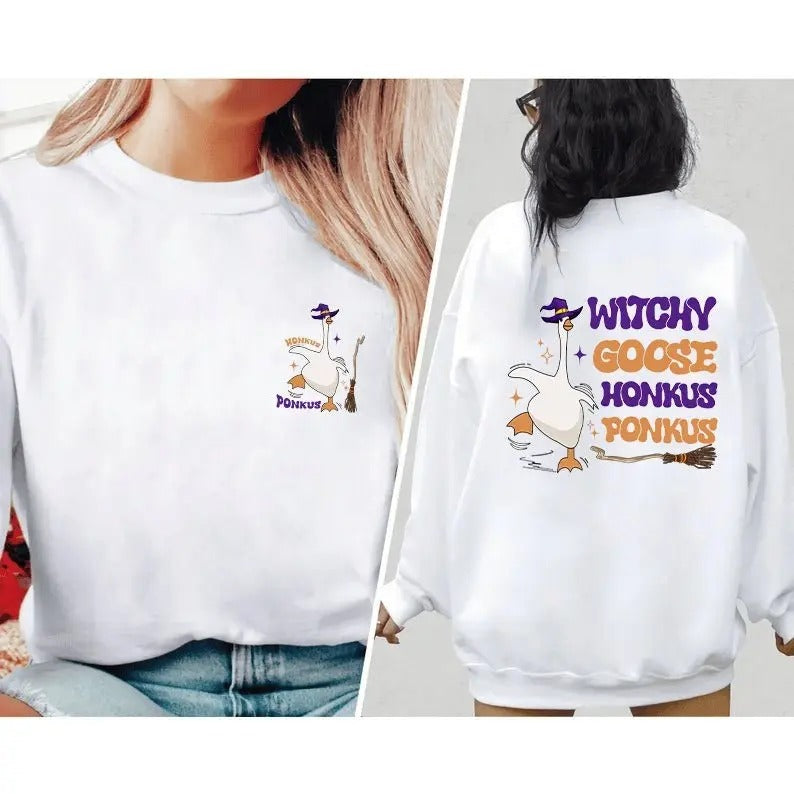 Funny Halloween Witchy Goose Shirt, Honkus Ponkus Sweatshirt, Silly Goose T-Shirt, Silly Goose Halloween Hoodie Crewneck Fabric Womenswear Fit Fitted