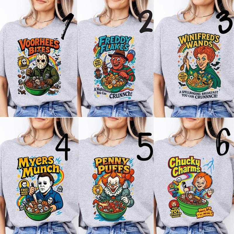 Funny Horror Cereal Shirt, Halloween Horror Movie T-Shirts, Retro Killer Breakfast Tee, Jason Freddy Pennywise Chucky Shirt