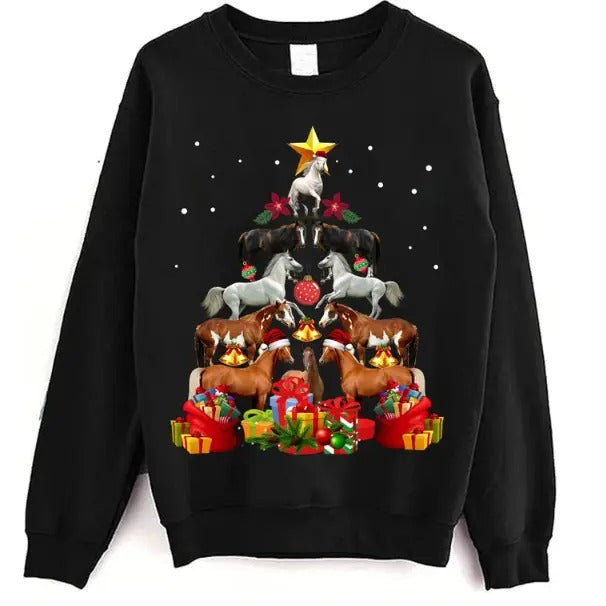 Funny Horse Christmas Tree TShirts, Horse Sweater, Horse Sweatshirt, Horse Christmas Tree Light T Shirt Sweatshirt, Cute Horse Christmas Tee