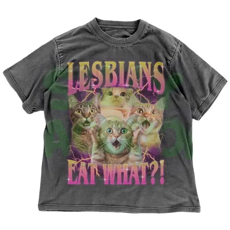 Funny Lesbian Cat T-Shirt | Lesbians Eat What? Meme Tee | Ironic LGBTQ Kitty T-Shirt | Queer Humor | Retro 90s Tee | Gay Cat Mom Gift Top 100% cotton