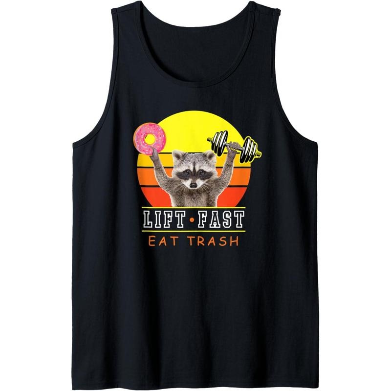 Funny Lift Fast Eat Trash Workout Raccoon Donut Tank Top MADE IN USA