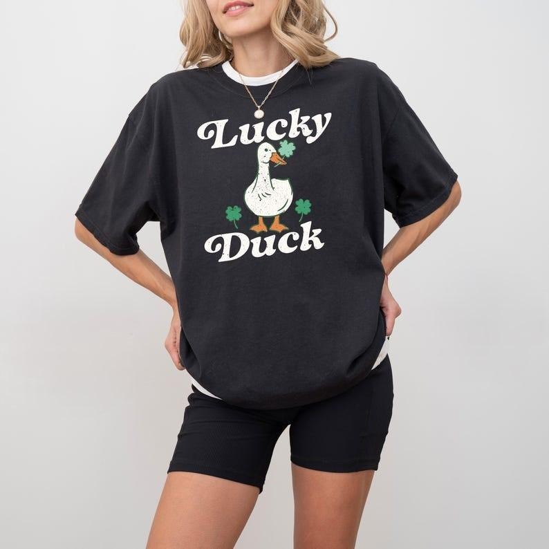 Funny Luck Duck Tshirt, Funny St Patrick's Tee, St Patty's Shirt, Irish Party T-Shirt, Woman Irish Clothing, Lucky Outfit Top Womenswear