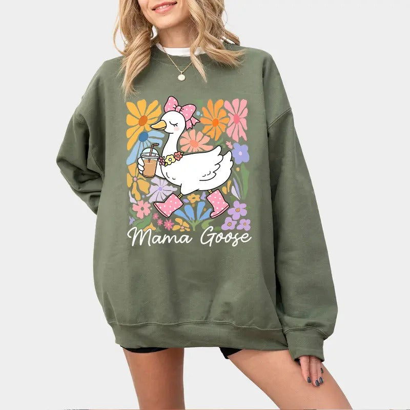 Funny Mama Goose Shirt, Mama Goose Sweatshirt, Boho Floral Mama Goose Shirt for Women, Mother's Day Gifts, Duck Mama Shirt, Goose Lover Gift, Duck Mom TShirt, Women Shirt Gift
