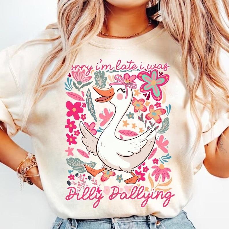 Funny Mama Goose Sorry I'm Late Dilly Dallying Goose Sarcastic Retro Boho Floral T-Shirt