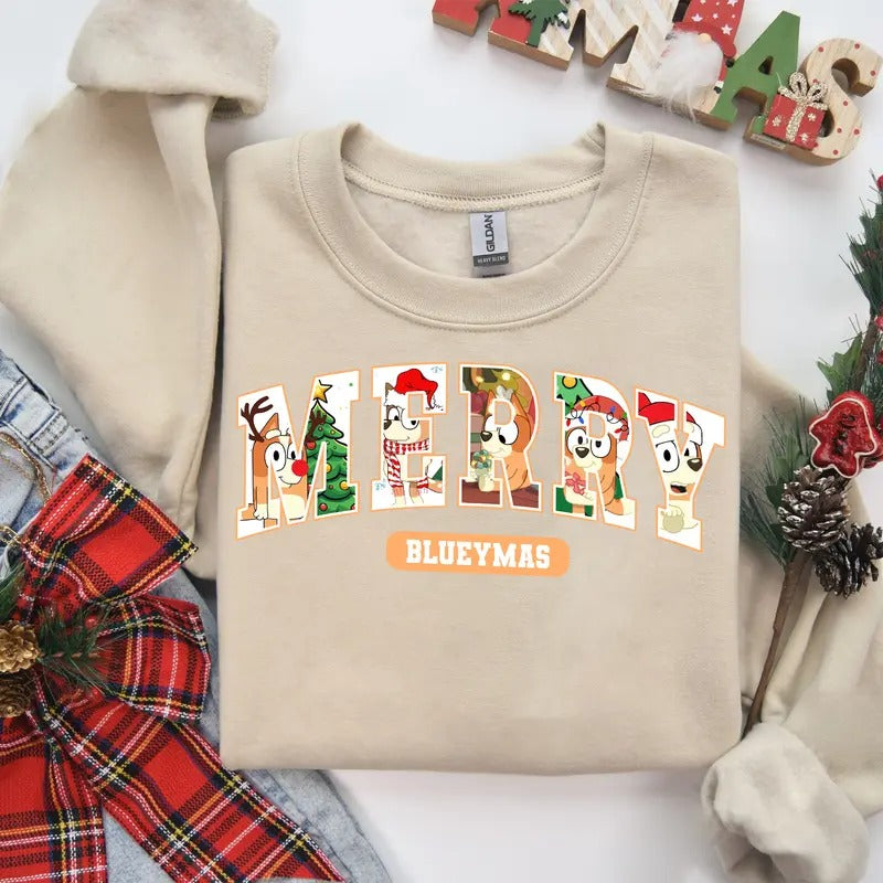 Funny Merrymas Sweatshirt Cute Cartoon, Unisex Retro Xmas Tee For Man,Women - Cotton, Fabric