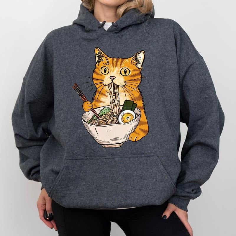Funny Noodle Cat Hoodie, Cute Cat With Ramen Graphic Hoodies, Cat Lover Hoodie, Anime Lover Hoodies, Cat Mom Outfits, Gift For Pet Lovers