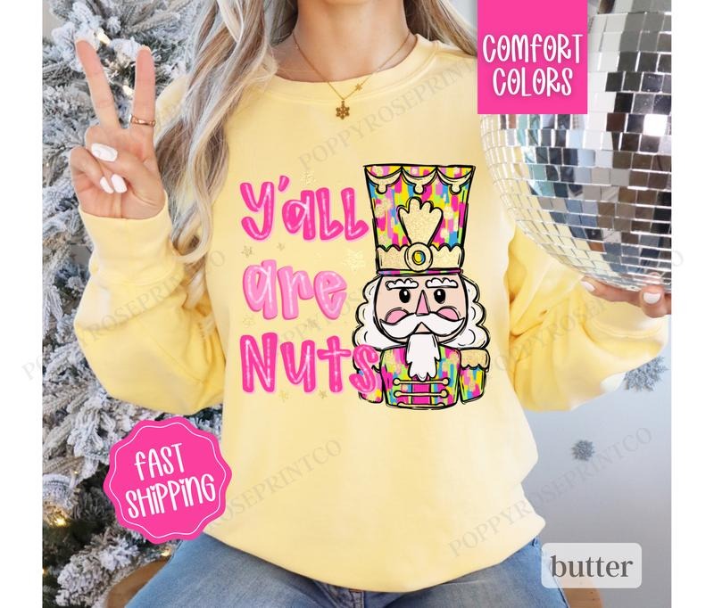 Funny Nutcracker Sweatshirt Comfort Colors, Preppy Christmas Sweater, Womens Holiday Crewneck