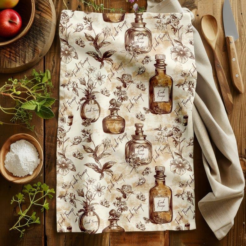 Funny Subtle F Trump Mocha French Toile De Jouy Tea Towels, Vintage Floral & Bottles Anti Trump Mother's Day, Kitchen Housewarming Gift