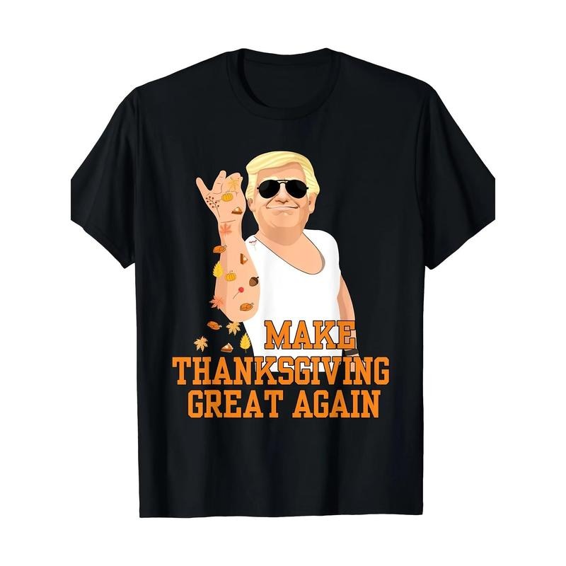 Funny The US Holiday Donald Trump Funn T-shirts Men Tee Vintage USA Flag Trumpkin Pie Make Thanksgiving Great Again T-Shirt 220g made in usa
