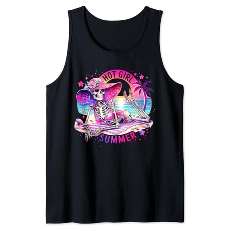 Funny Vacation Tank Top, Funny Skeleton Hot Girl Summer Vacation Hawaii Beach Groovy Tank Top Unisex Casual Cotton