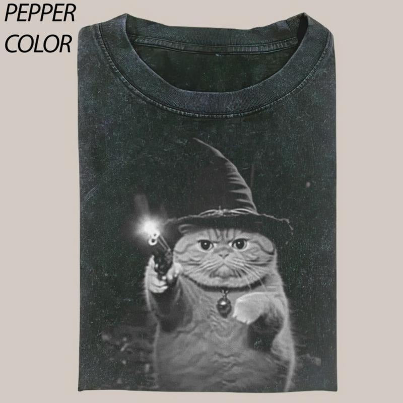 Funny Wizard Cat Shooter Vintage Graphic T-shirt, Cute Witch Cat Tee, Cat Lover Unisex T-Shirt, 90's Style Streetwear Graphic Gift For Men Women