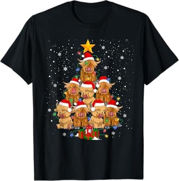 Funny Xmas Men Women Family T-Shirt, Scottish Highland Cow Christmas Tree Funny Cow Lover Xmas T-Shirt - Menswear Top