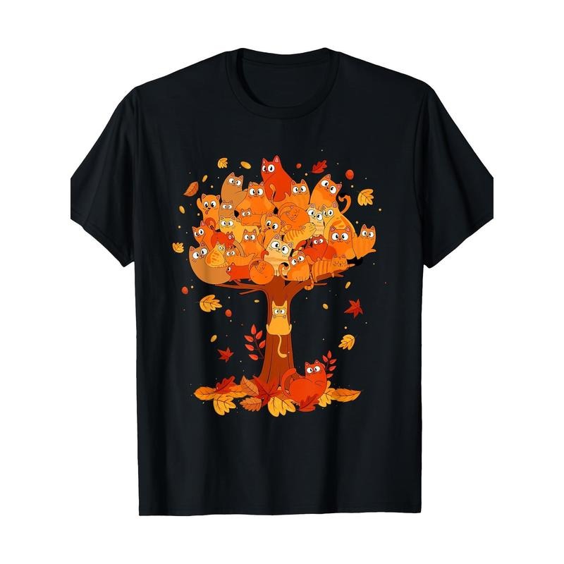 Funny autumn cat climbing Maple tree Pet Owner T-shirt, men's T-shirt, quality materials Made in USA