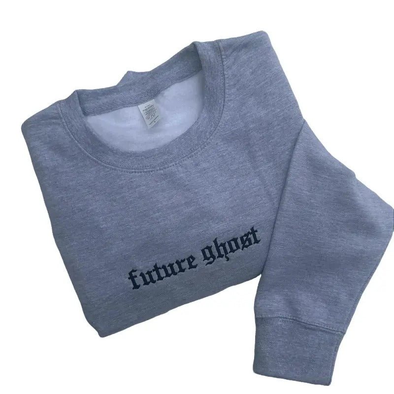 Future Ghost Embroidered Crewneck Sweatshirt Alternative Fashion Long Sleeve Crewneck Cotton