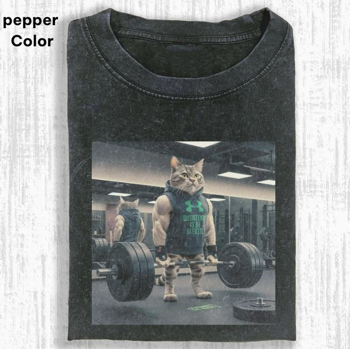 GYM CAT GRAPHIC T-SHIRT, Gemotiveerde Gespierde Kat T-Shirt, FUNNY CUTE, funny shirts for women, Womenswear Cotton Top Streetwear Tshirt