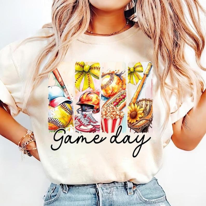 Game Day Softball Coquette Bow, Softball Mama, Softball Mom, Brushstroke Softball Tshirt Cotton