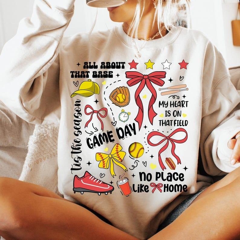 Game Day Softball Coquette Sweatshirt Retro Softball Softball Bow Softball Mama Preppy Gift