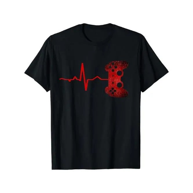 Gamer Heartbeat Graphic Tee - Soft Medium Stretch Polyester Crew Neck Short Sleeve T-Shirt for Adult Men - Comfy Trendy Alphabets Print Casual Daily Wear for All Seasons with Machine Wash Care Made in USA
