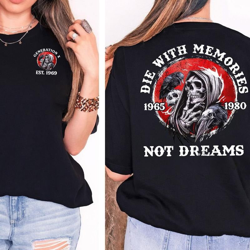 Gen X Personality Customize Year Badass Generation T-shirt, Life With Memories Not Dream 100% Cotton Unisex Comfort Womenwear Graphic Crew Neck Long Sleeve Autumn Casual Christmas Pull On - Collar, Embroidered