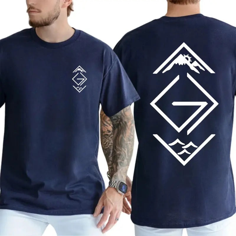 Geometric Adventure T-Shirt - Bold Outdoor-Inspired Graphic with Mountain Peak and Ocean Wave Motif, Unisex T-Shirts for Casual Style, Menswear Tops