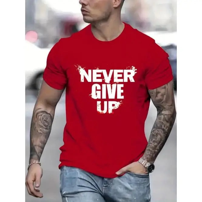 Geometric Pattern Letter Print Short Sleeve T-Shirt - Comfy Casual Crew Neck Top with Medium Stretch Fabric, Pullover Design, and Machine Washable - Perfect for Mens Weekend Outdoor Activities in Summer Made in USA