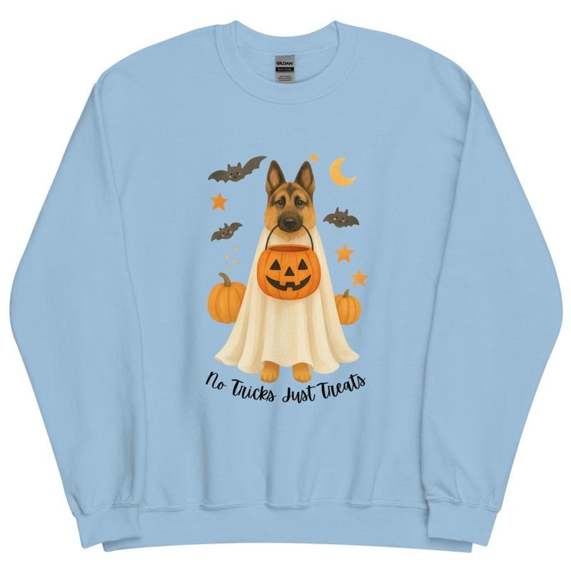 German Shepherd No Tricks Just Treats Crewneck - Unisex Apparel Relaxed Fit Printed In The USA Clothing Womenswear Casual Comfort Cotton Top Athletic Boho Chic