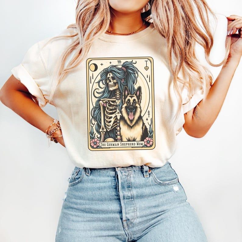 German Shepherd Shirt, German Shepherd Mom Tarot Card T-shirt, German Shepherd Halloween Tee, Gift for German Shepherd Mama Printed Cotton