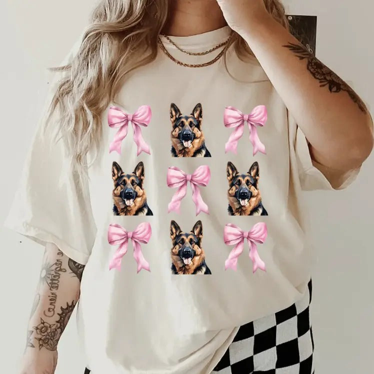 German Shepherd with bows Shirt ~ Unisex Apparel Relaxed Fit Printed In The USA Clothing Womenswear Casual Comfort Cotton Top Athletic Boho Chic
