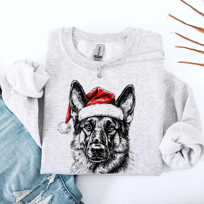 German Shepherd, Santa, Dog, Christmas, Dog Lover, Pet Sweatshirt, Crew Neck, Women's, Crewneck T-Shirts, Hoodie