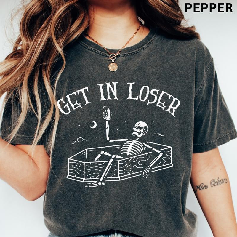 Get in loser Skeleton shirt, Skeleton Shirt, Spooky Season Shirt, Summerween shirt, Comfort Colors Halloween Shirt, Casual Shirt Unisex, Halloween Clothing, Graphic Halloween Apparel, Casual Cotton T-shirt, Unisex Halloween