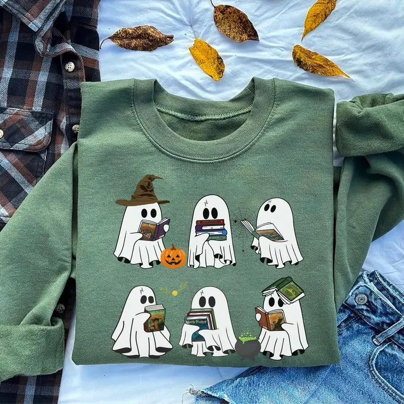 Ghost Book Wizard Sweatshirt, Ghost Bookish Shirt, Wizard Ghost Sweatshirt, Halloween Gift For Book Lovers, Bookish Halloween Sweatshirt, Ghost Reading Shirt