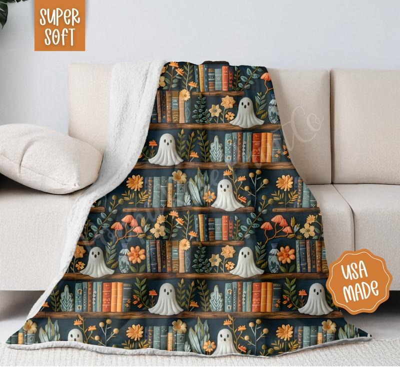 Ghost Bookshelf Blanket Cozy Halloween Throw 100% Cotton Woven or Fleece Back Velvet Plush for Fall Home Decor Made in USA
