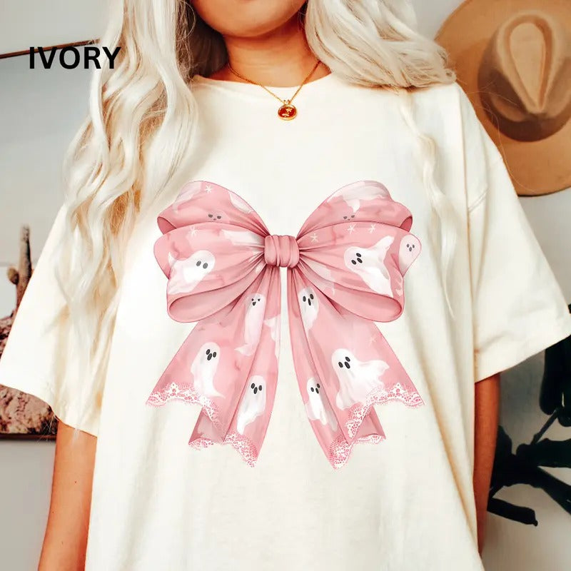 Ghost Bow Shirt, Coquette Halloween Bow Shirt, Halloween Ghost shirt, Comfort Colors Halloween Shirt, Casual Shirt Unisex, Halloween Clothing, Graphic Halloween Apparel, Casual Cotton T-shirt, Unisex Halloween Top Fabric