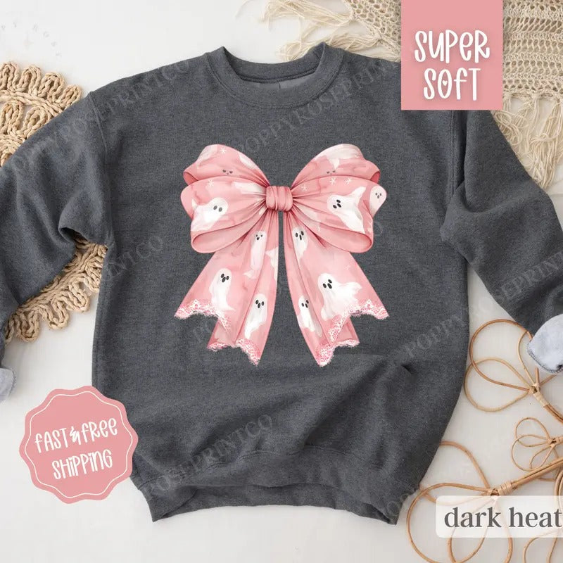 Ghost Bow Sweatshirt, Halloween Crewneck, Fall Womens Sweatshirt, Halloween Sweater cute ghost
