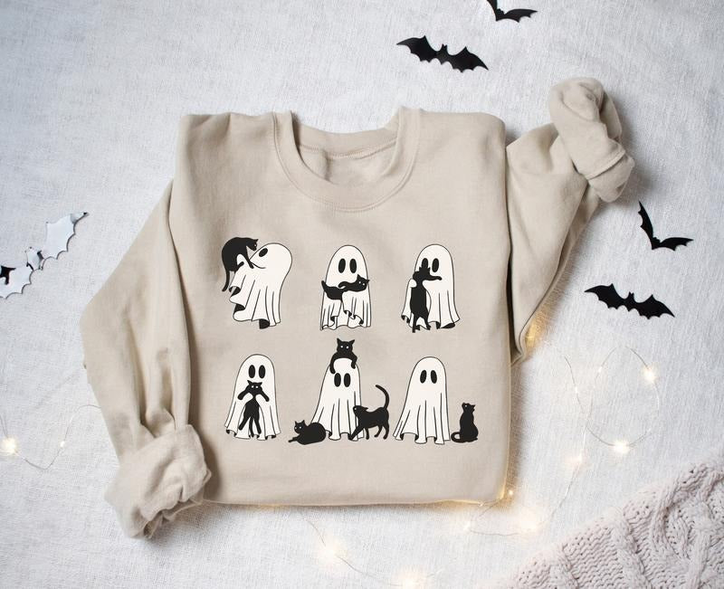 Ghost Cat Halloween Sweatshirt, Black Cat Halloween Sweater, Cat Ghost Shirt, Cute Cat Lovers Shirt, Retro Ghost Halloween Shirt, Halloween Cat, Spooky Season Gift Shirt