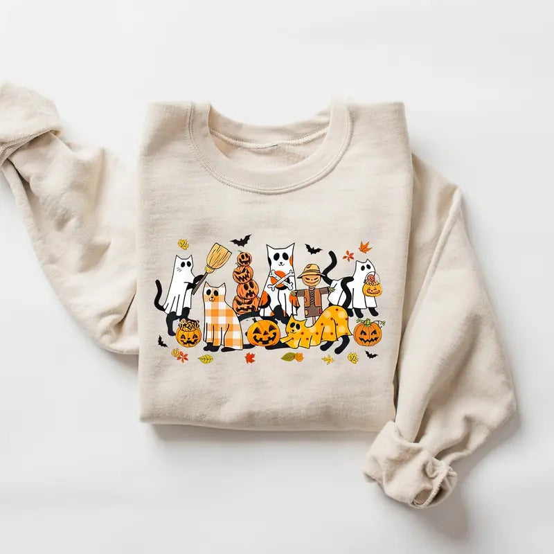 Ghost Cat Halloween Sweatshirt, Black Cat Halloween Sweater, Pumpkin Halloween Shirt, Halloween Cat Shirt, Autumn Fall Halloween Gift Shirt, Retro Halloween, Spooky Season, Pumpkin Season Shirt
