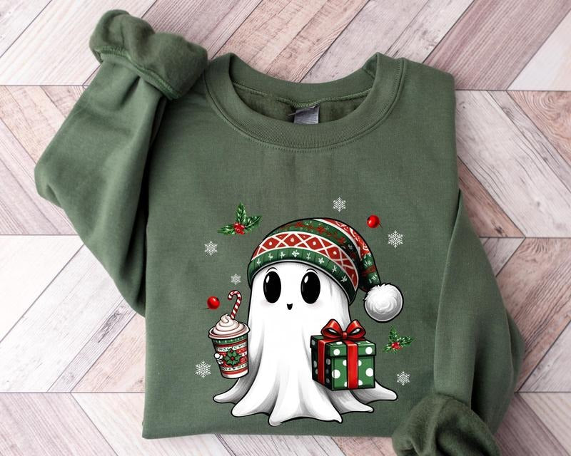 Ghost Coffee Sweatshirt, Christmas Ghost Gift, Christmas Sweatshirt, Christmas Ghost, Ghost Santa, Unisex Sweatshirt, Holiday Gift, Xmas Gift