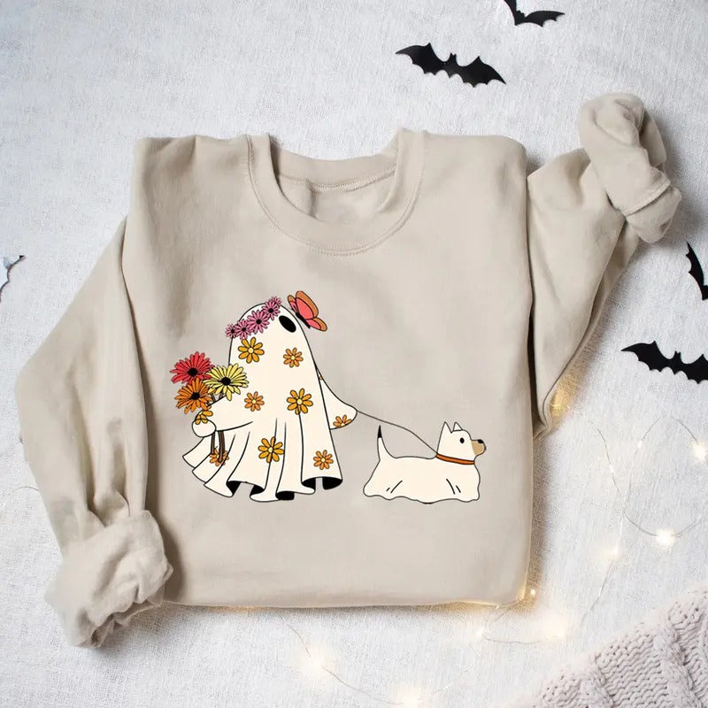 Ghost Dog Floral Sweatshirt, Halloween Ghost Dog Sweatshirt, Dog Lover Shirt, Ghost Walking Dog Shirt, Halloween Dog Sweatshirt, Spooky Dog Sweatshirt, Fall Halloween Gift Shirtstyle{n002}2