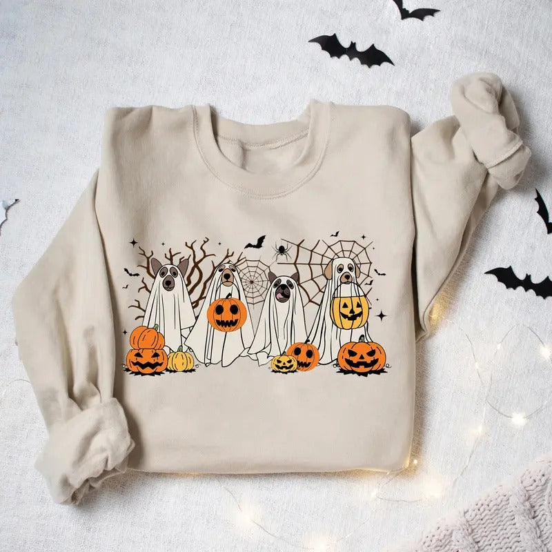 Ghost Dog Halloween Sweatshirt, Ghost Dog Shirt, Fall Halloween Sweatshirt, Ghost Shirt, Pumpkin Dog Fall Halloween Shirt, Retro Spooky Season Shirt, Fall Halloween Gift Shirt