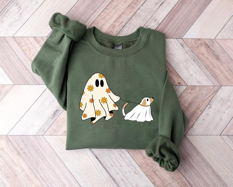 Ghost Dog Sweatshirt, Cute Ghost And Dog Shirt, Floral Ghost Shirt, Dog Lovers Halloween Gift, Halloween Dog Shirt, Spooky Season, Halloween Fall Graphic Shirt, Ghost Dog Shirt