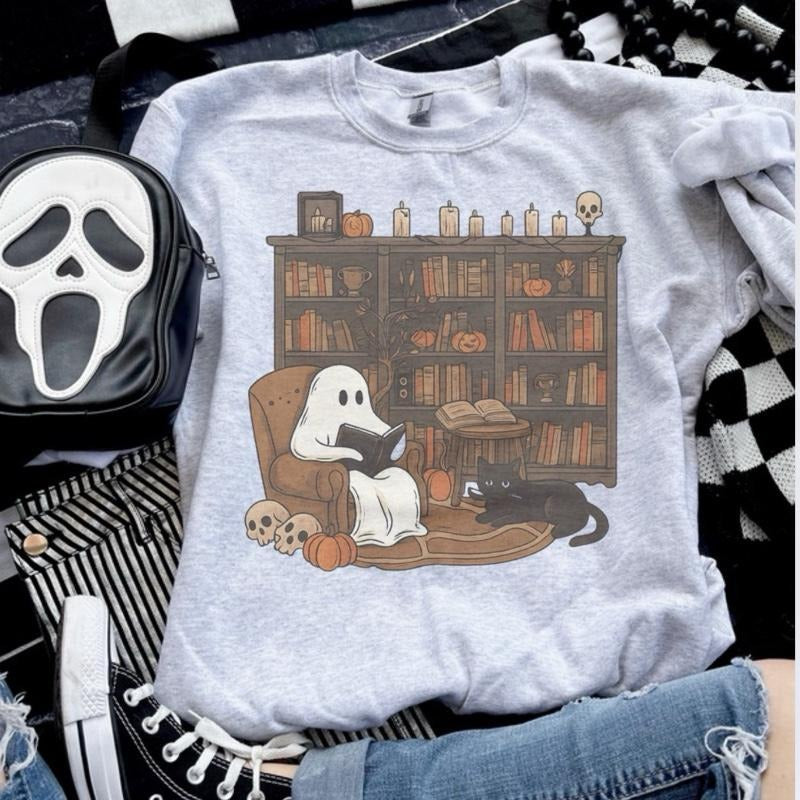 Ghost Reading Bookcase With Cat Sweatshirt - Ash Grey