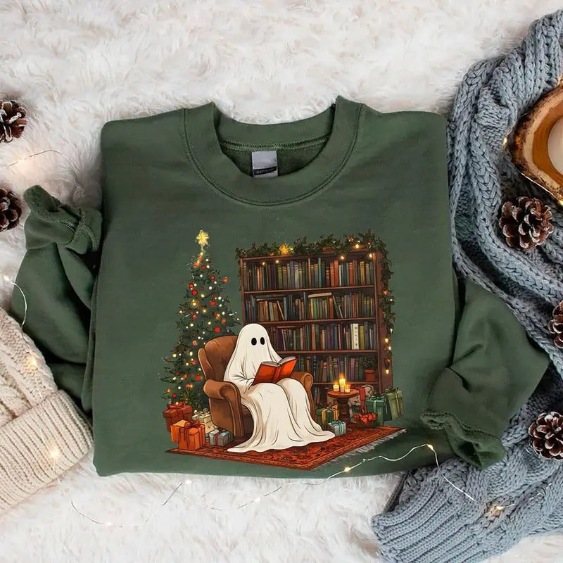 Ghost Reading Books Christmas Sweatshirt, Bookish Christmas Shirt, Book Christmas Sweatshirt, Book Lover Christmas Gift, Librarian Christmas Hoodie, Bookish Christmas Sweatshirt, Book Xmas Shirt
