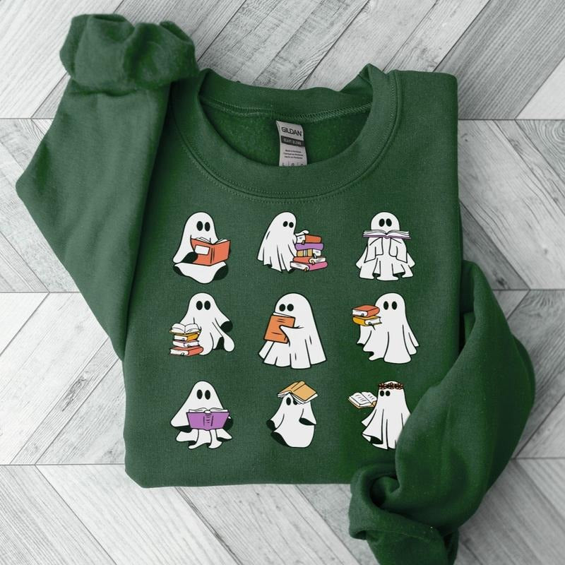 Ghost Reading Books Sweater, Bookish Halloween Sweatshirt, Halloween Teacher Gift, Librarian Halloween Hoodie, Ghost Crewneck, Gift For Her, Unisex