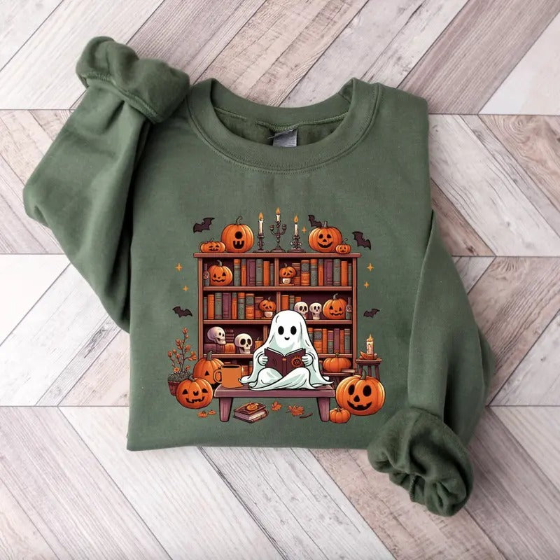 Ghost Reading Books Sweatshirt - Tshirt - Hoodie, Librarian Ghost Halloween, Halloween Teacher Sweatshirt, Halloween Shirt, Teacher Gift, Boo School, Tee Print