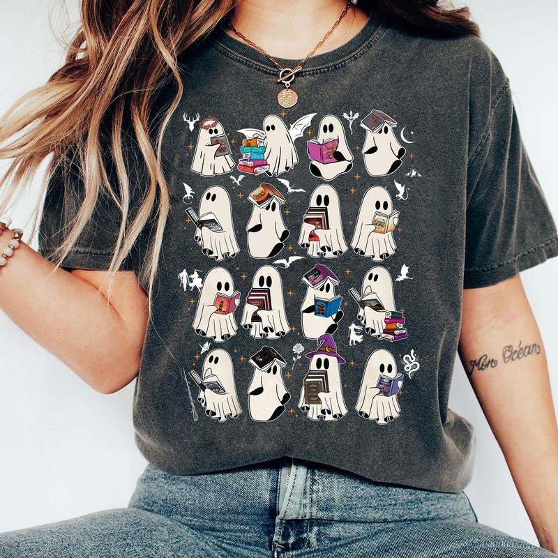 Ghost Reading Romantasy Book Tee, Fantasy Romance Halloween Sweatshirt, Book Lover Hoodie, ACOTAR T-Shirt, Fourth Wing, Zodiac Academy, Cruel Princestyle{n002}2