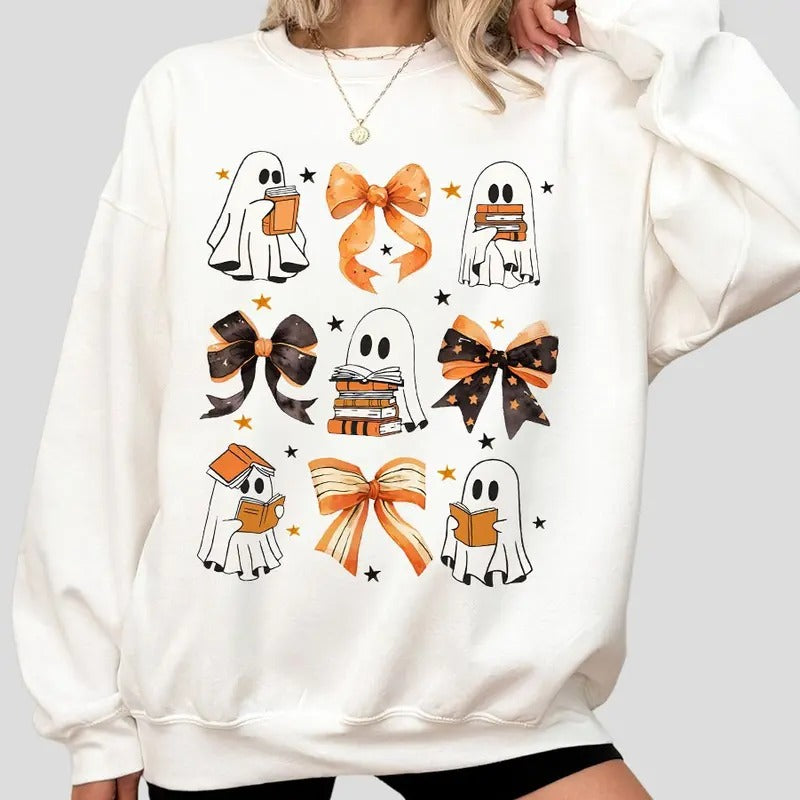 Ghost Reading Sweatshirts, Coquette Bow Fall Sweatshirts, Shirt For Women, Cute Ghost Halloween Shirts, Gift For Book Lover, Book Lover T-shirts, Teacher Halloween Shirt, Librarian Shirt, Teacher Shirt, Women's Tops, Halloween Sweatshirt