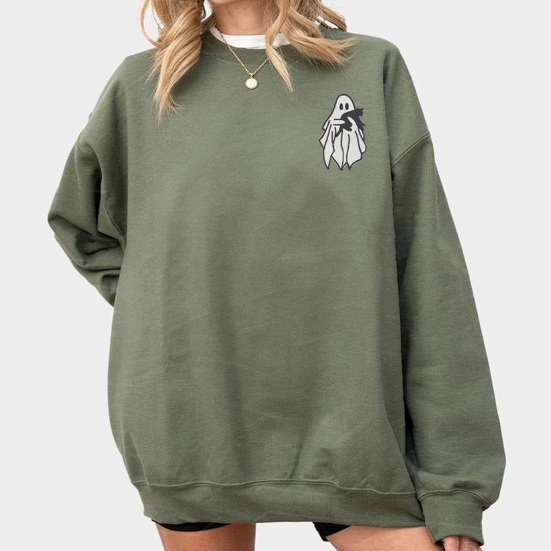 Ghost Sweatshirt, Halloween Sweatshirt, Black Cat, Fall Sweatshirt for Women, Halloween Crewneck, Ghost Shirt, Spooky Season, Ghost And Black Cat Comfort Shirt, Halloween Shirts For Women, Halloween Women Top