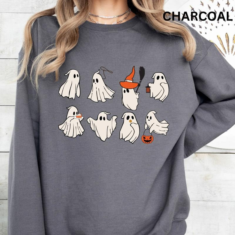 Ghost Sweatshirt, Oversized Halloween Crewneck Sweatshirt, Just ghost Things Crewneck, Retro Sweatshirt Graphic Oversized Halloween Graphic Crewneck, Cotton Pullover Spooky Season Sweater