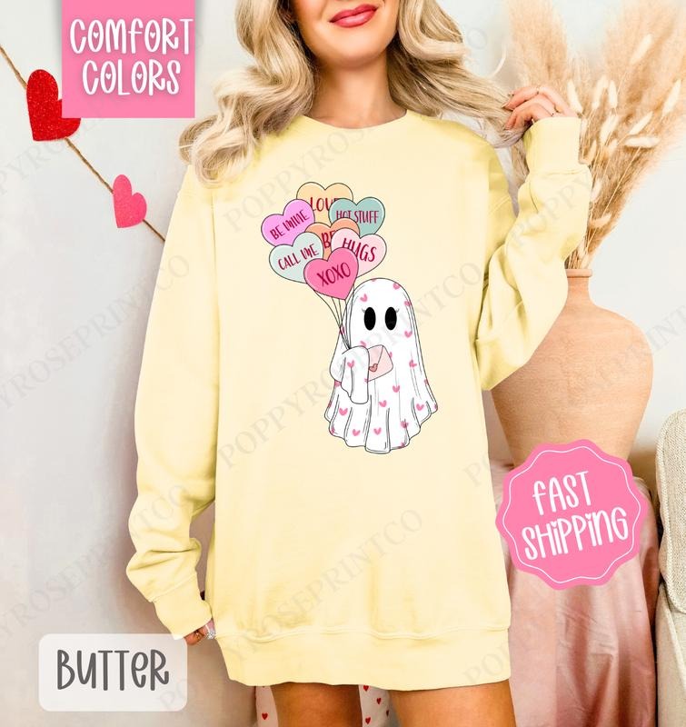 Ghost Valentine Sweatshirt Comfort Colors, Valentine's Day Women's Crewneck, Cute Women's Sweater