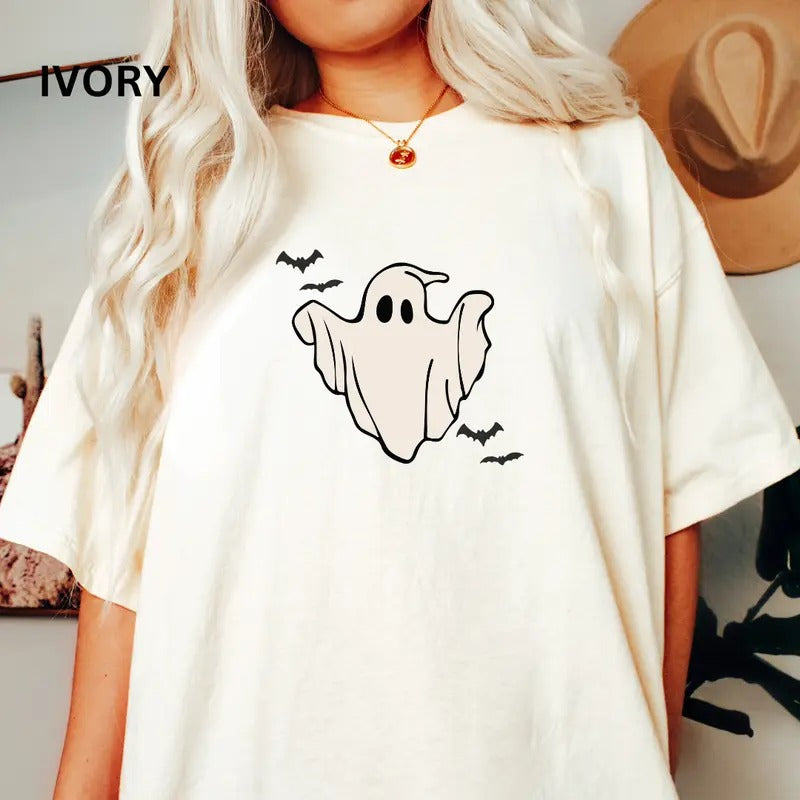 Ghost and Bats Halloween Shirt, Bats Graphics Shirt, Halloween Shirt, Fall shirt, Comfort Colors Halloween Shirt, Casual Shirt Unisex, Halloween Clothing, Graphic Halloween Apparel, Casual Cotton T-shirt, Unisex Halloween